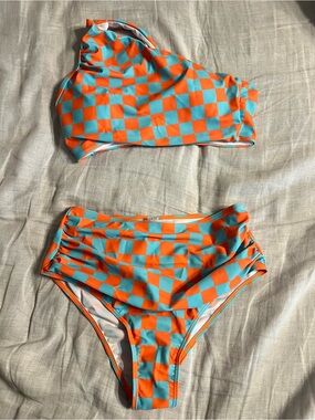 Amazon Women's Checkerboard Bikini Set - Orange & Teal